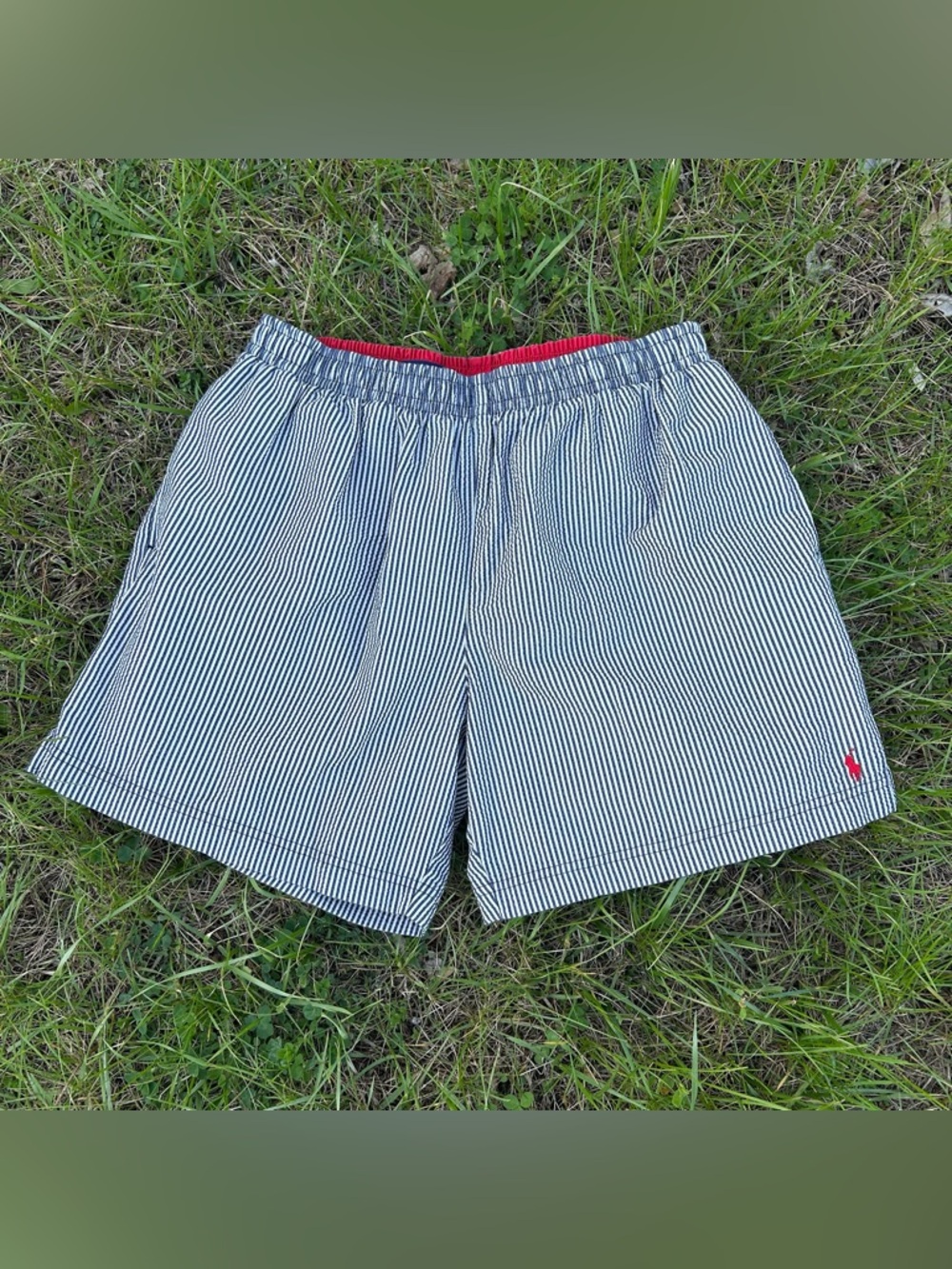 Vintage Polo Sport Ralph Lauren Seersucker Swim Trunks XL Blue White Stripe Pony